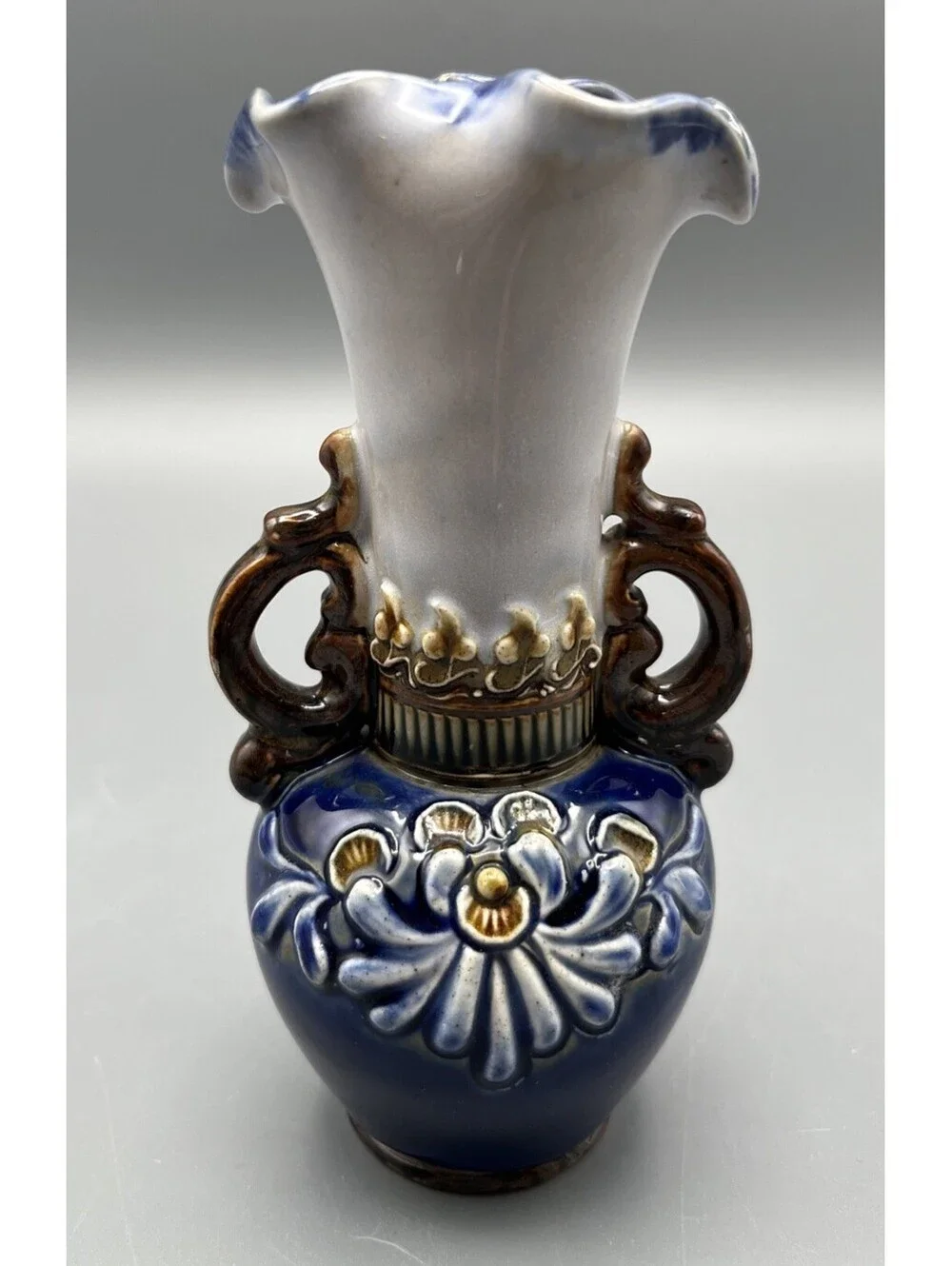 Doulton Lambeth Stoneware Vase Art Nouveau Blue Floral Relief Double Handles
